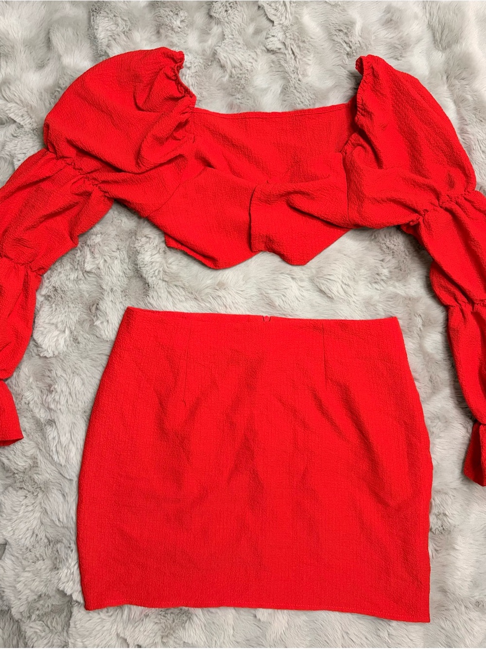 Red 2 Piece Set Size L - Puff Sleeve Crop Top + Mini Skirt - Never Worn